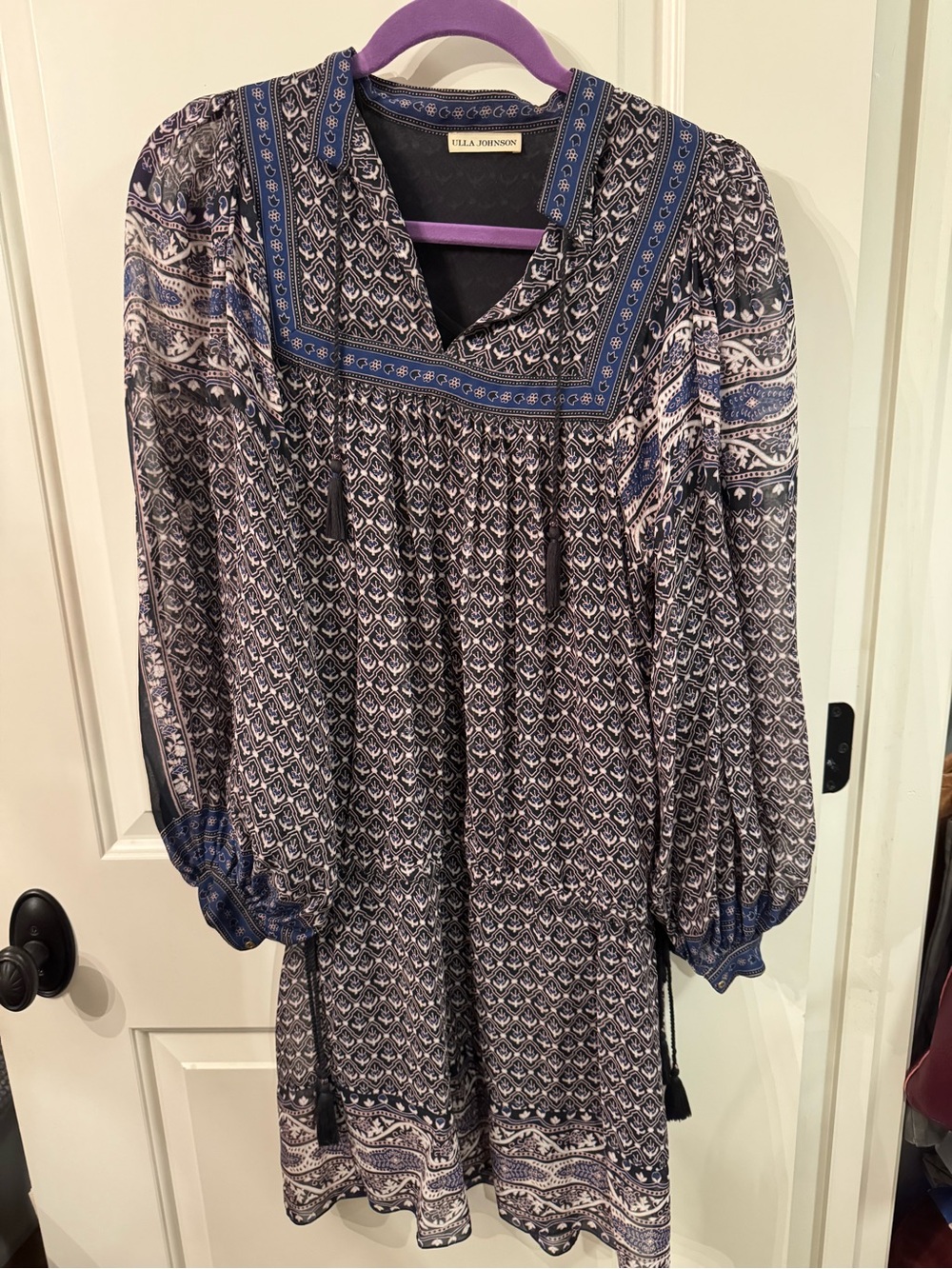 Ulla Johnson Navy and White Printed Long Sleeve Boho Dress